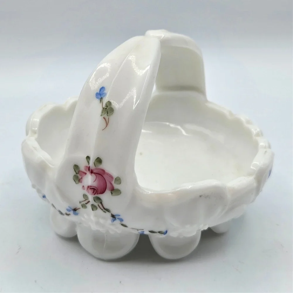 Vintage Westmoreland Milk Glass Hand Painted Roses & Bows Basket Candy Dish